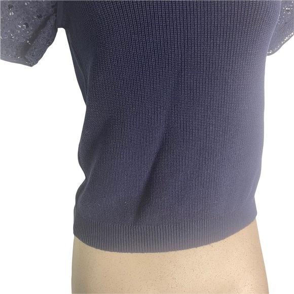 J.CREW Women's Eyelet Lace Sleeve Cotton Knit Navy Short Sleeve Sweater Small - Picture 4 of 11